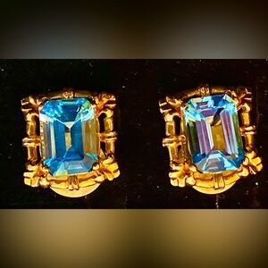 14K Blue Topaz Emerald Cut Earrings